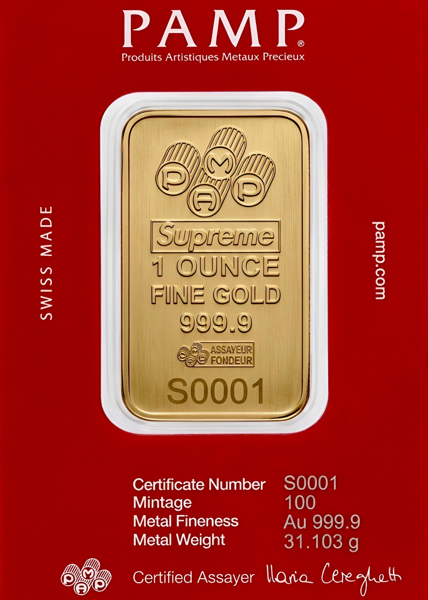 Supreme® / PAMP Suisse 1 oz Gold Bar — front and Assay card back, .9999 fine gold, Swiss Made
